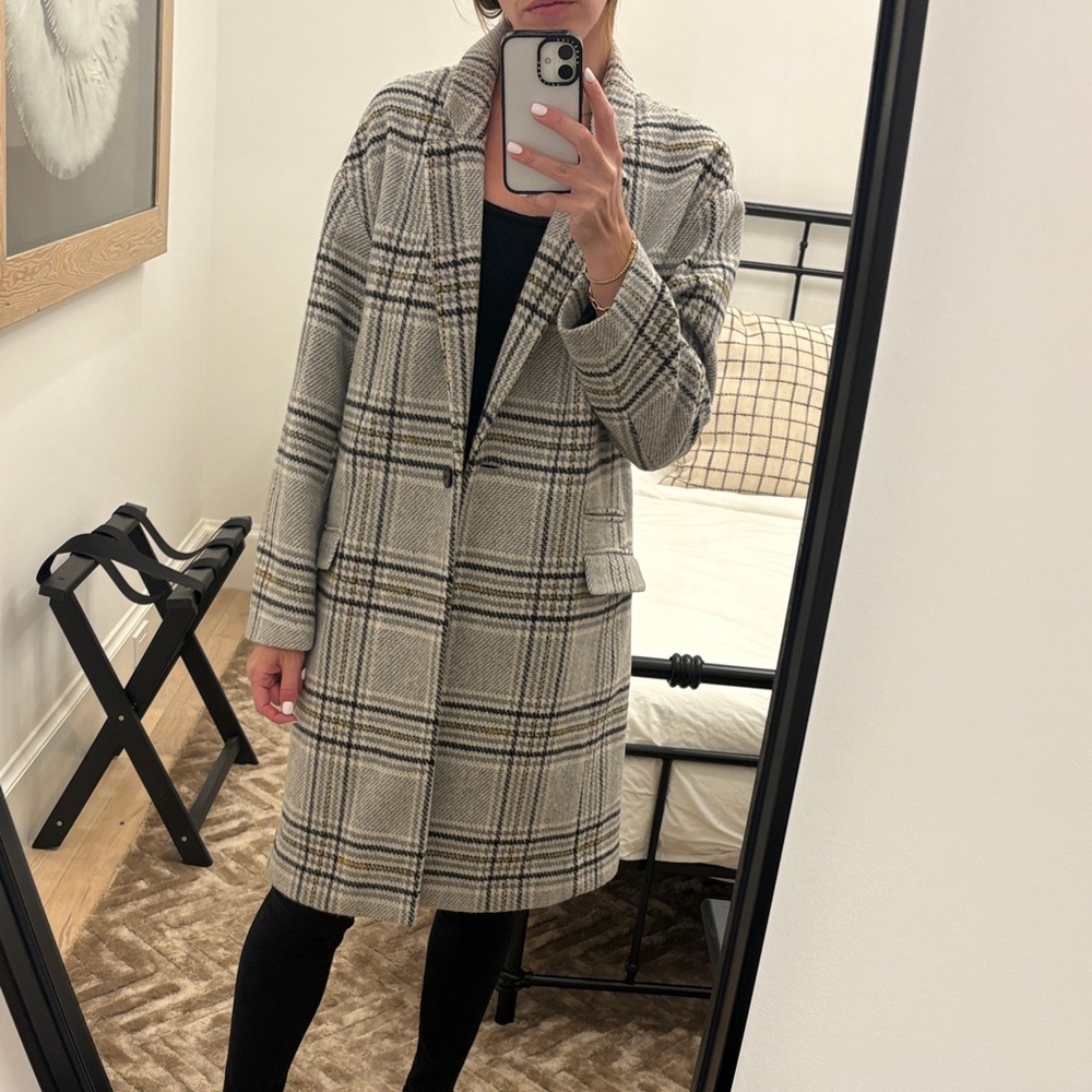 Madewell Plaid Trench Coat in Cream and Black